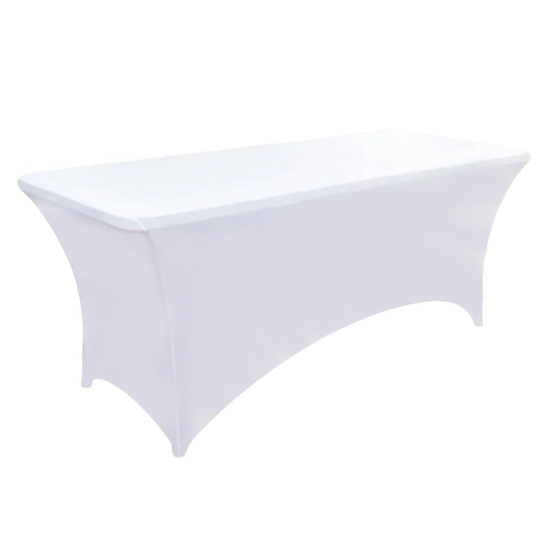 ZarzaaSik 6-Pack 8ft White Spandex Table Covers for Rectangle Folding Tables - Washable Elastic Tablecloth - Ultimate Fitted Table Protector for Birthday Parties, Trade Shows, Banquet