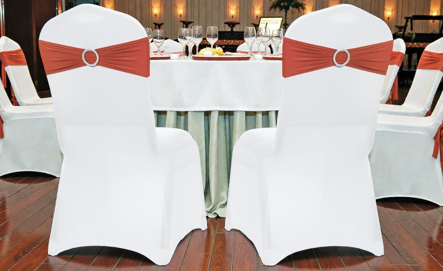 MDS Premium Spandex Chair Sashes - Stretchy Bow Covers with Buckle Slider | 50 Pack in Terracotta