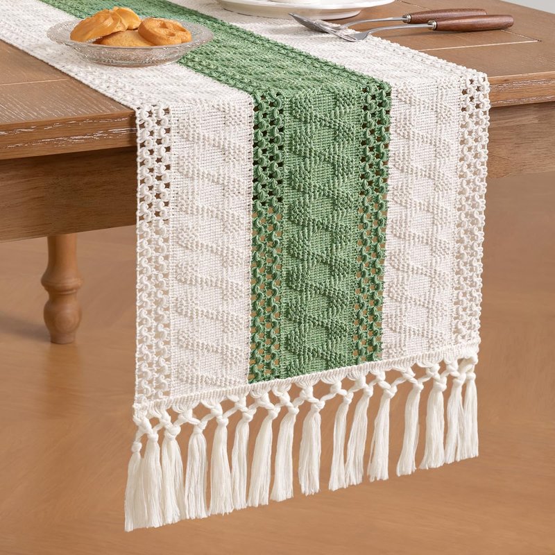 Socomi Boho Table Runner Macrame Summer Farmhouse Woven Cotton Linen Rustic Coffee Table Runner with Tassels for Dresser Scarf Home Decor Dining Room 12x90 inch Sage Green Ivory