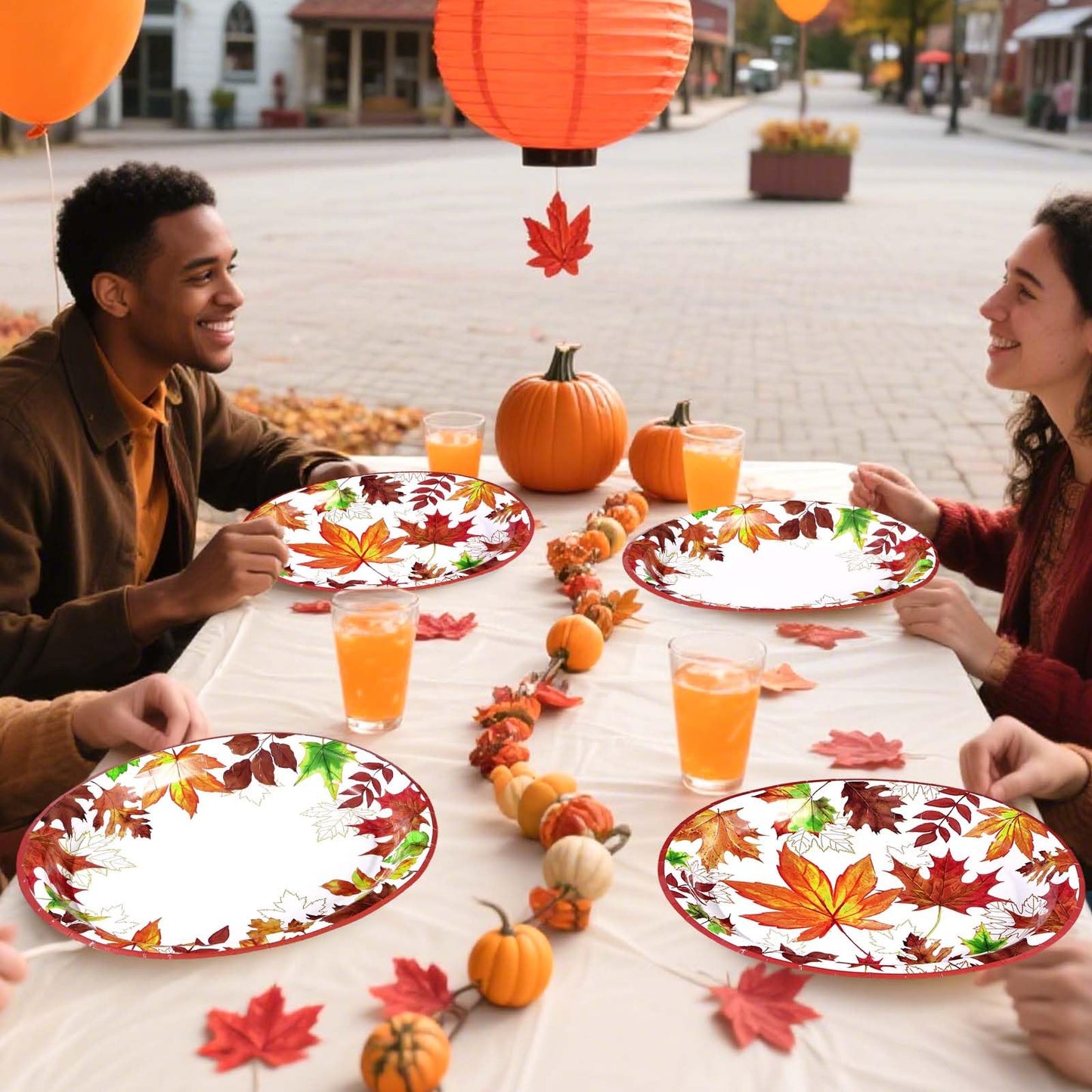Grencian 50Pcs Fall Pumpkins Oval Paper Plates 10" x 12" Large Disposable Heavy Duty Thanksgiving Watercolor Blue and White Pumpkin Paper Plates for Fall Harvest Thanksgiving Party Supplies