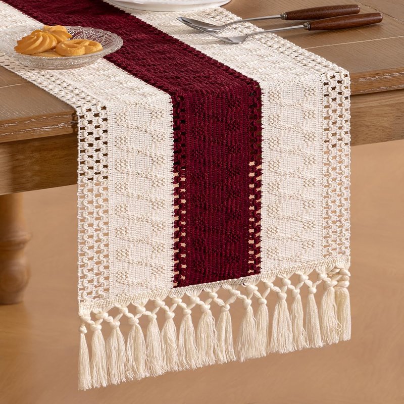 Socomi Boho Table Runner Easter Spring Farmhouse Rustic Dining Kitchen Centerpiece Decor Small Macrame Woven Cotton Linen Coffee Table Runner for Dresser Scarf Home Decor 12x36 in Burgundy Ivory