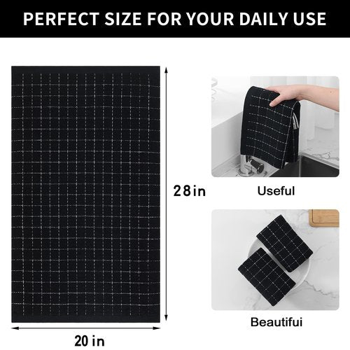 Homaxy 100% Cotton Terry Kitchen Towels(Black, 20 x 28 inches), Checkered Designed, Soft and Super Absorbent Dish Towels, Large 4 Pack
