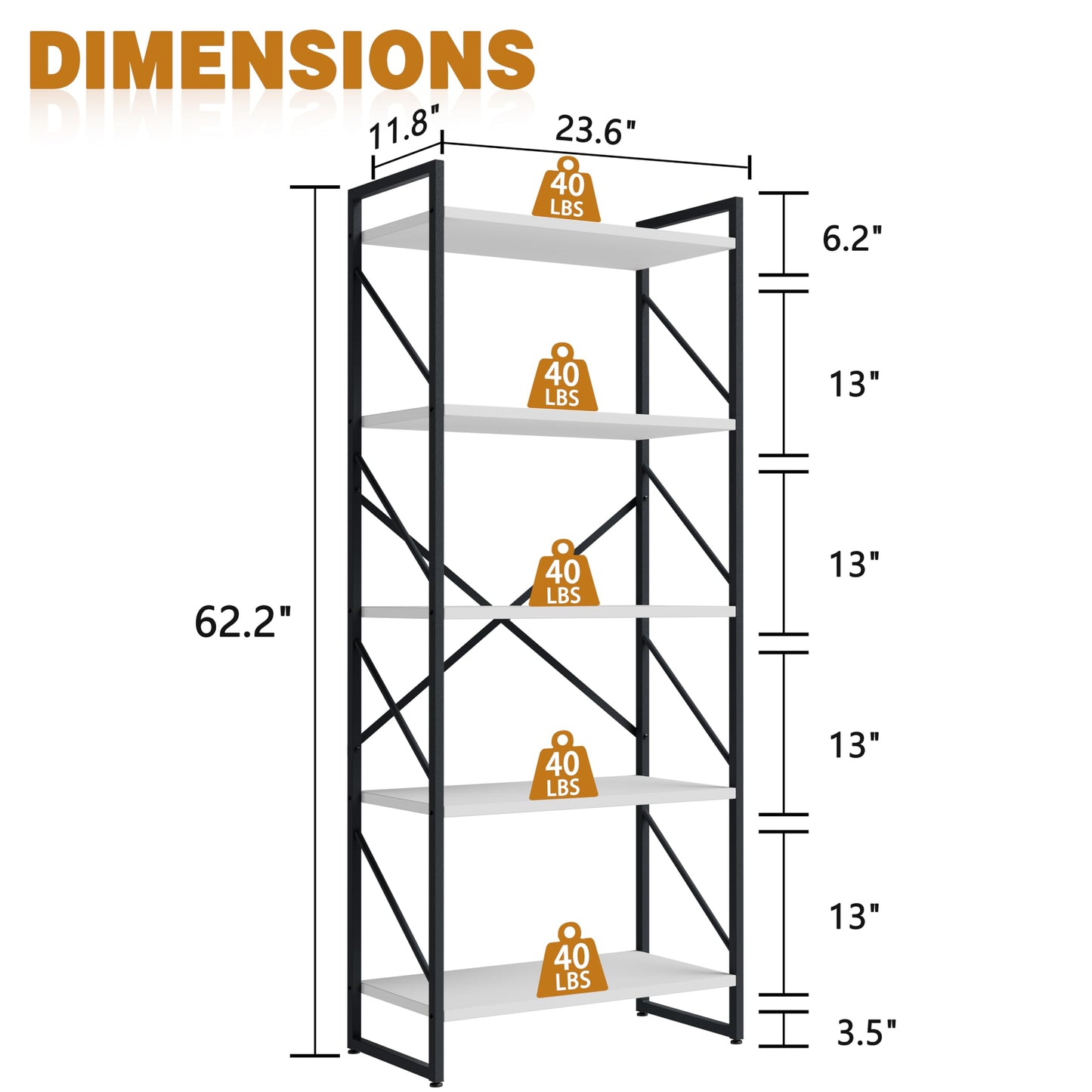 Bookshelf, 5 Tier Bookshelves, Home Office Bookcase Shelf Storage Organizer, Free Standing Storage Shelving Unit for Bedroom, Living Room and Home Office,White