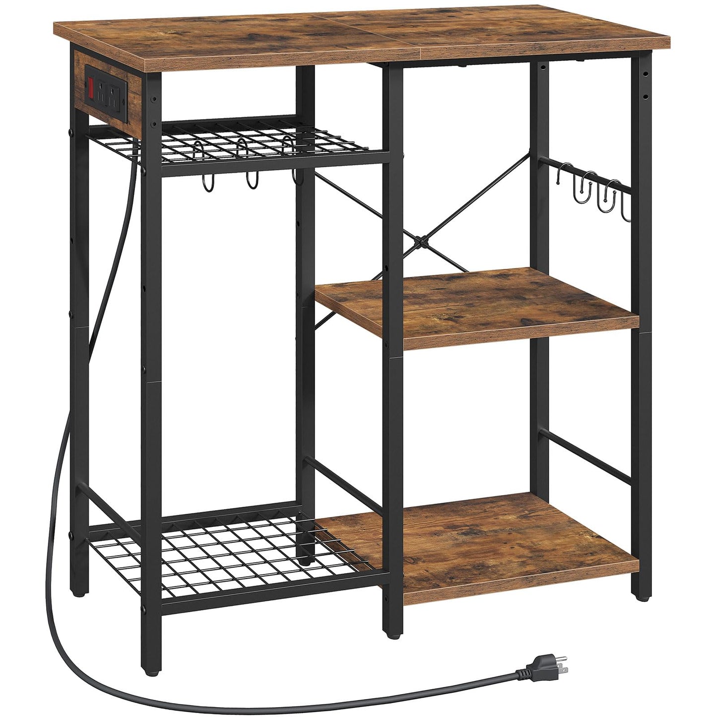 MAHANCRIS Bakers Rack with Power Outlet, Microwave Stand with Adjustable Mesh Rack, Coffee Bar Station, Kitchen Storage Racks with 6 S Hooks, for Kitchen, Dining Room, Rustic Brown and Black BRHR80E01