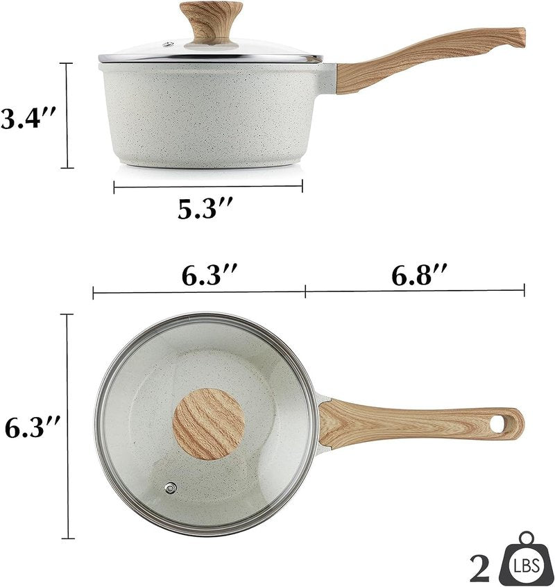 SENSARTE White Ceramic Nonstick Saucepan with Lid Set, Small Cooking Pot with Stay Cool Handle, Induction Compatible Saucepot, White Granite Coating, PFOA/PFAS Free, 1.5 + 2.5QT