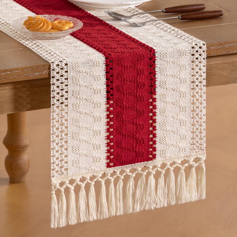 Socomi Boho Table Runner Easter Spring Farmhouse Rustic Dining Kitchen Centerpiece Decor Small Macrame Woven Cotton Linen Coffee Table Runner for Dresser Scarf Home Decor 12x48 in Red Ivory