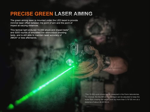 Fenix GL23R 1200 Lumen Rail Mounted Tactical Flashlight, USB-C Rechargeable, Compatible with 1913 or GL Rail with Green Beam and Organizer