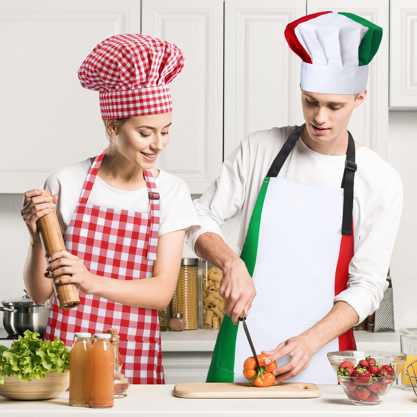 Toulite 4 Pcs Italian Themed Party Decorations Chef Costume Set Italian Style Chef Hat and Apron for Women Men Costume Photo Booth Props Party Supplies