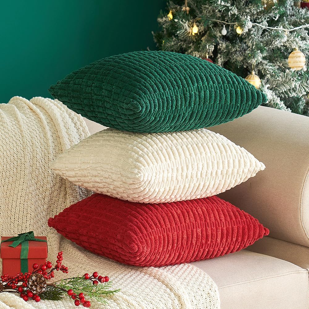 MIULEE Euro Sham Pillow Covers - Soft Boho Striped Corduroy | Pack of 2, 22x22 Inch, Cream White