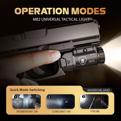 WARRIORLAND MB2 Compact Pistol Light, Fits G17 /G19 /P320 /G3C /G2C /M&P 9 /Hellcat Pro/1911 and Other 100+ Handguns, 500-Lumen Universal Rail Mounted Tactical Weapon Light with LED, Power Indicator