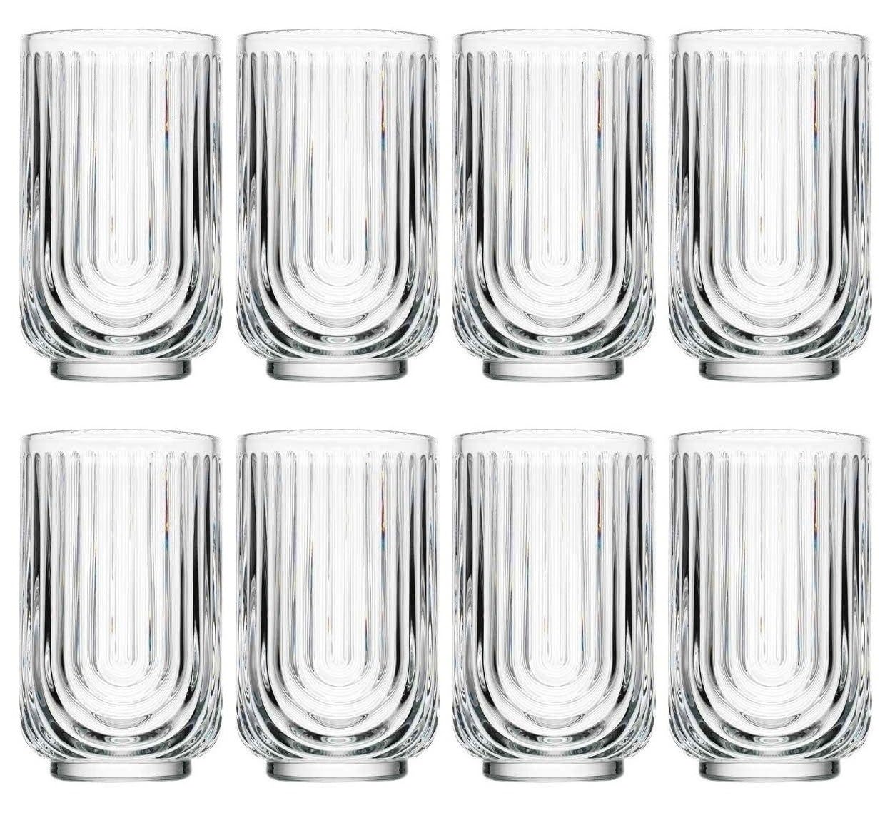 Glaver's Drinking Glasses Set of 8. 17oz Vintage Drinking Cups. Ripple Cocktail Glasses, Ribbed Drinking Highball Glass Cups. Arch Designed Art Deco Glassware for Water Juice Coffee. Package may Vary