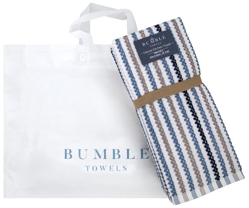 Premium Kitchen Towels (16”x 26”, 6 Pack) | Large Cotton Kitchen Hand Towels | Popcorn Striped Design | Dish Towels | 430 GSM Highly Absorbent Tea Towels Set with Hanging Loop | Blue