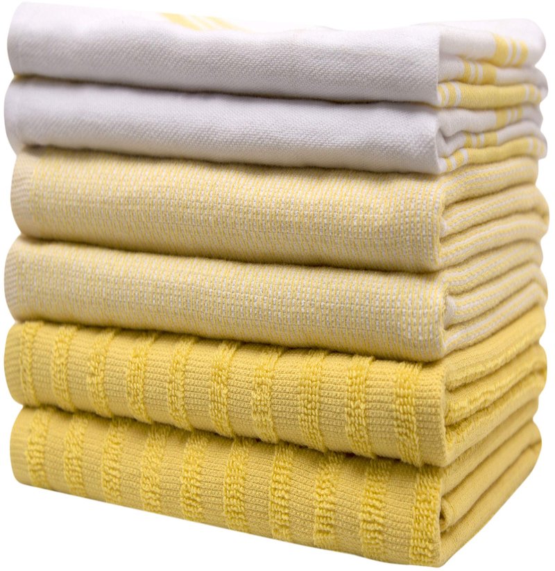 Premium Kitchen Towels (20”x 28”, 6 Pack) | Large Cotton Dish Towels | Flat & Terry Highly Absorbent Kitchen Linen Set with Hanging Loop | Wide Stripe Yellow