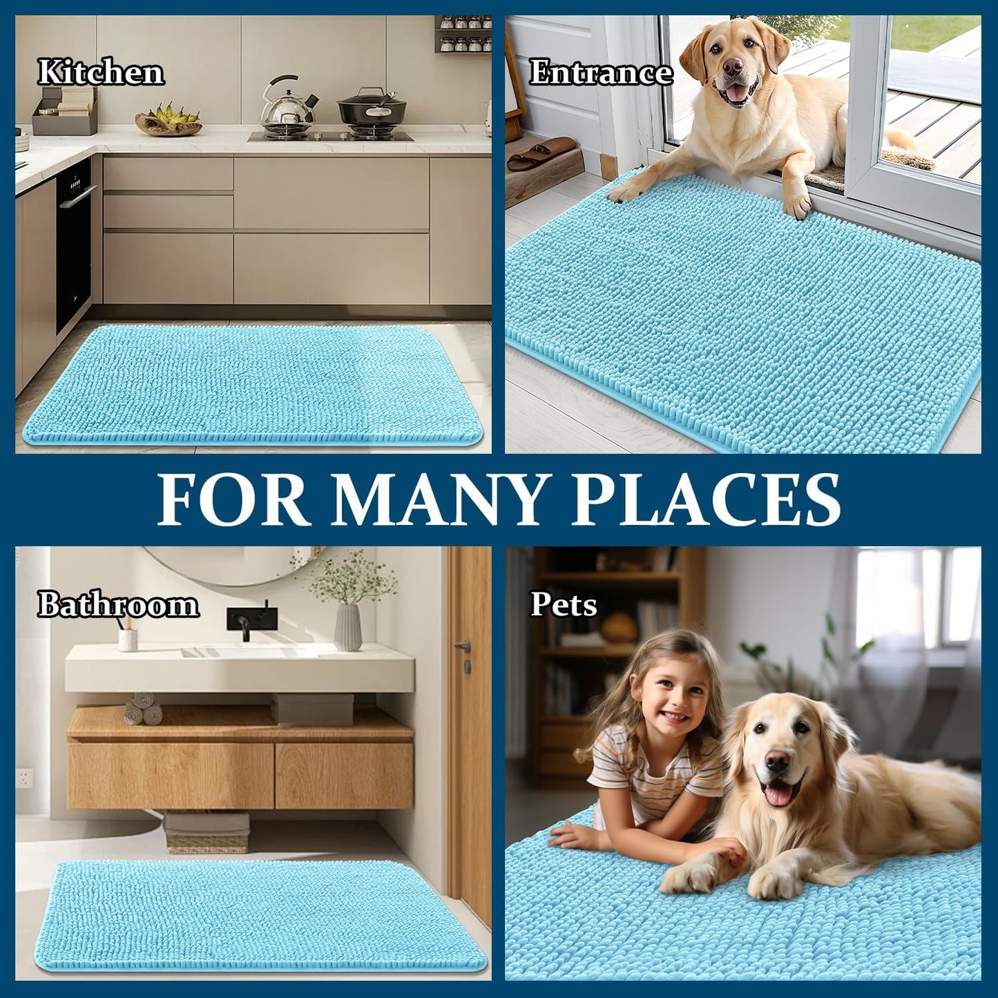 OLANLY Dog Door Mat - Absorbent Non-Slip Washable Chenille Mat for Muddy Paws | 59x35 Inches, Blue