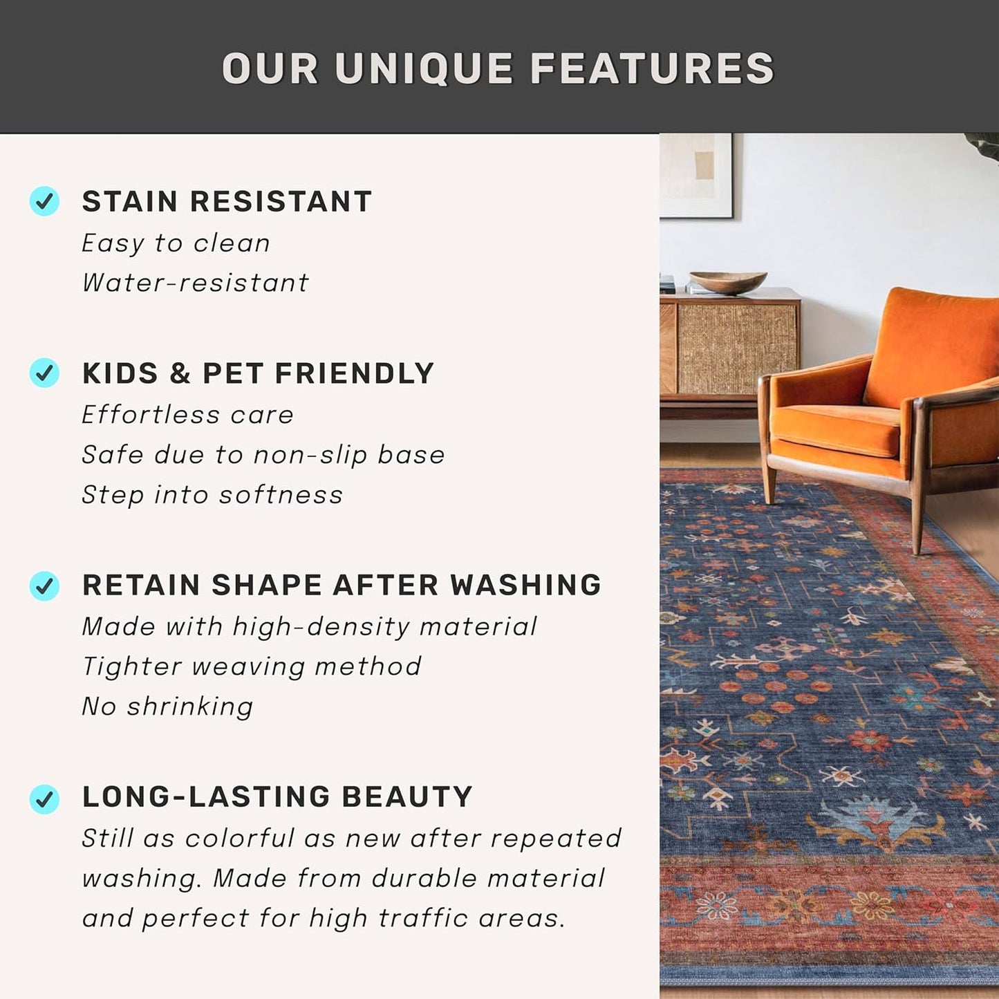 Skiennix Washable Kitchen Rug - Stain Resistant Non-Slip Mat for Large Entryway | 3x6 Navy Blue