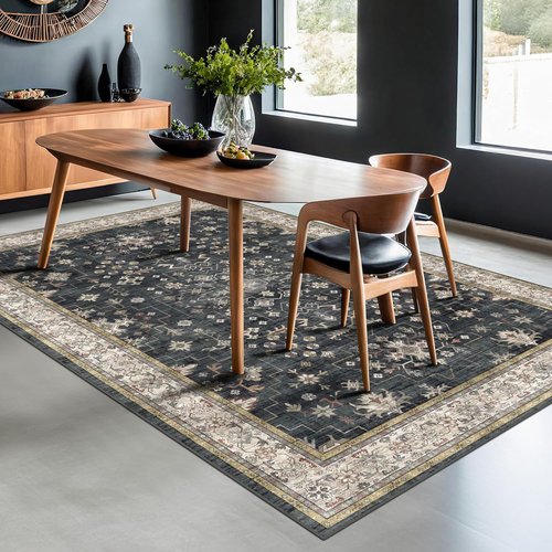 Boho Dining Room Rug - 6x9 Washable Black Area Rug | Low Pile Non-Slip Design for Living Room & Bedroom