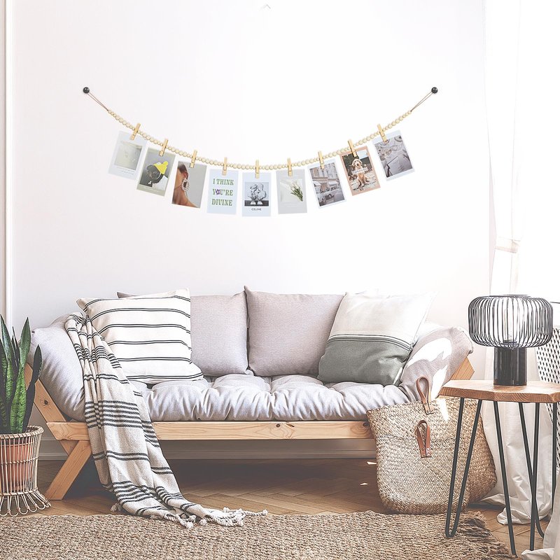 KLOGTSIND Hanging Photo Display Wall Decor, 2PCS Boho Wooden Bead Garland Collage Picture Frame with 9 Wood Clips for Bedroom, Living Room, Office, Dorm Decor, Photos Holder Teen Girl Gifts