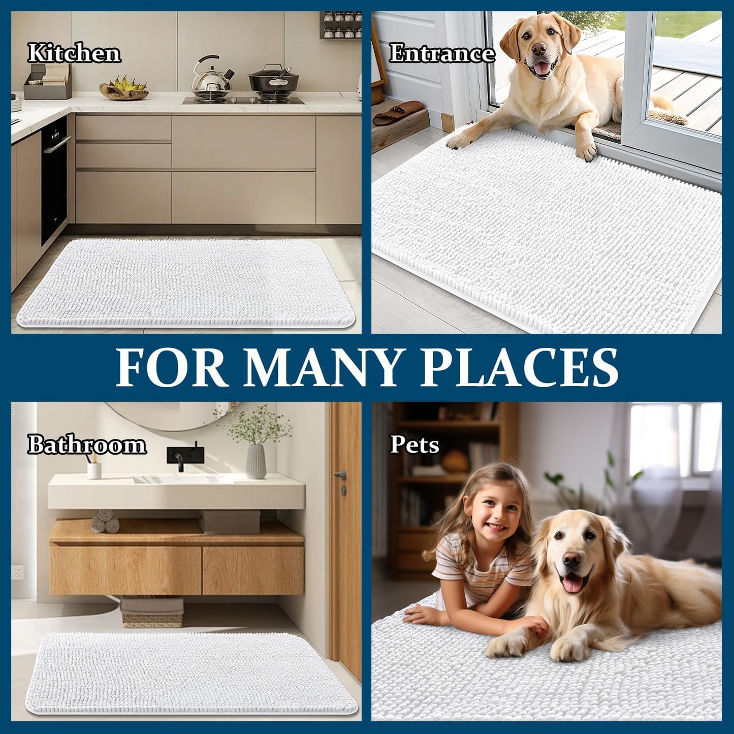OLANLY Dog Door Mat - Absorbent Non-Slip Chenille Mat for Muddy Paws | 45x27 Inches, Quick Dry, White