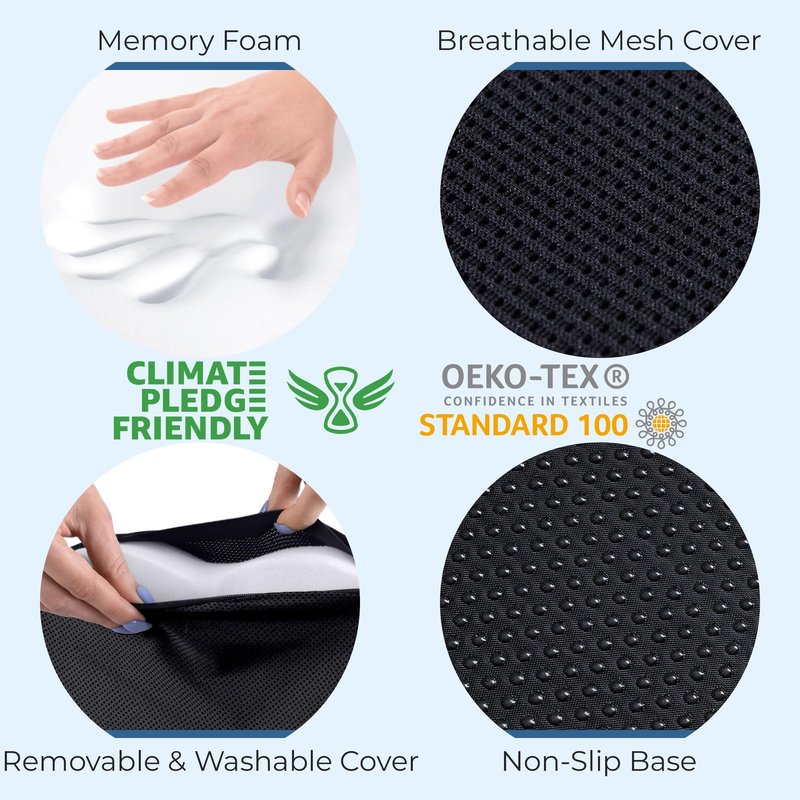 5 STARS UNITED Seat Cushion - Memory Foam&Cooling Gel Chair Cushion for Tailbone Pain Relief - Ergonomic Support for Coccyx, Sciatica & Butt - Office, Desk & Gaming Chair, Car Seat, Wheelchair, Black
