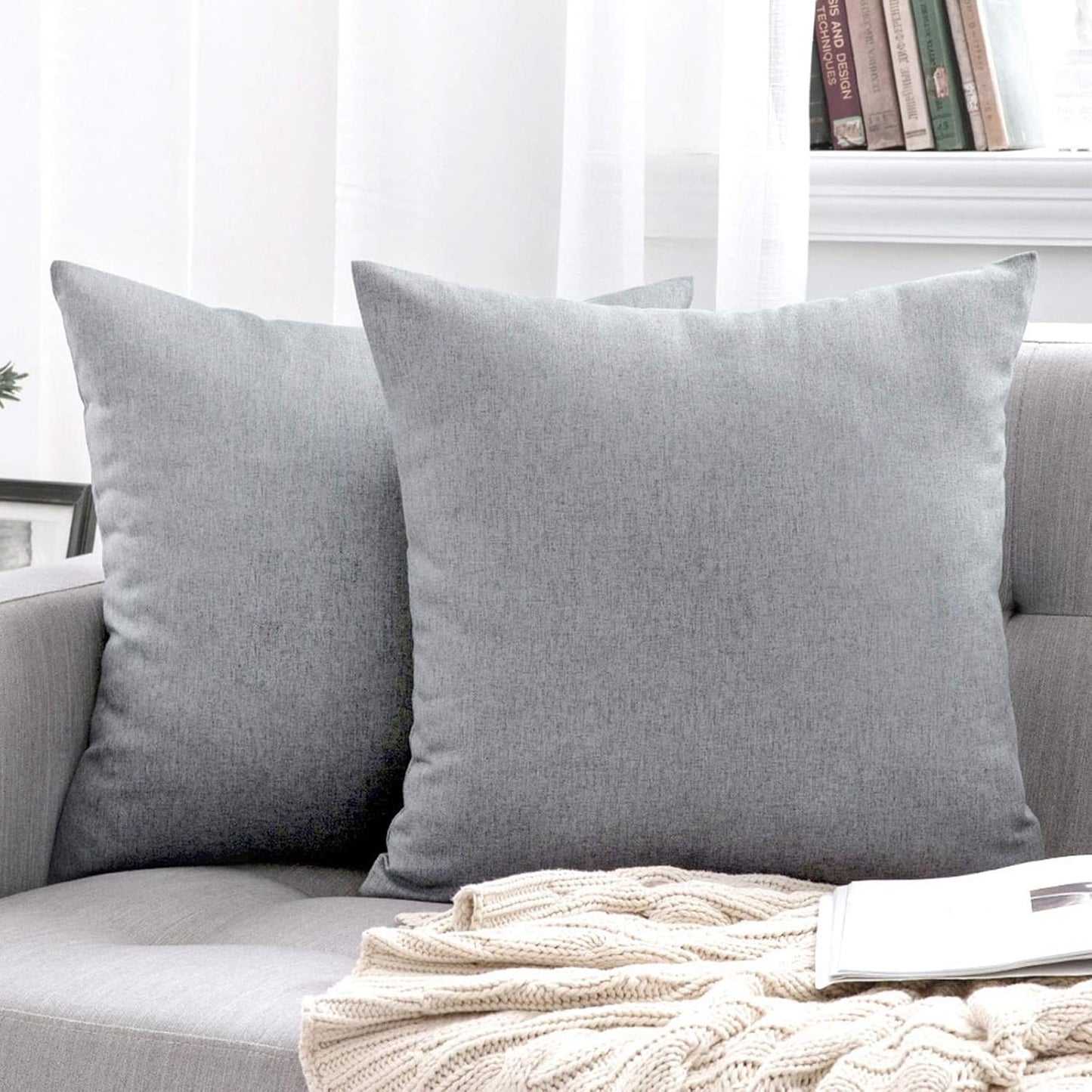 MIULEE Decorative Outdoor Throw Pillow Covers - Waterproof Faux Linen Cushion Cases | 22x22 Inch Light Grey (Pack of 2)