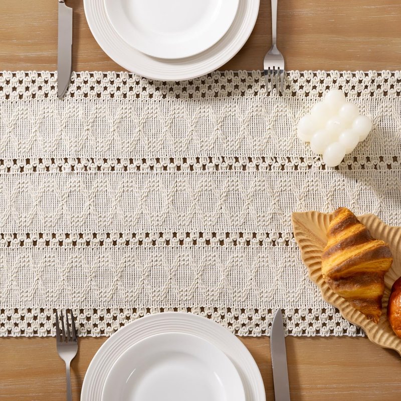 Socomi Boho Table Runner Summer Farmhouse Rustic Dining Kitchen Centerpiece Decor Small Macrame Woven Cotton Linen Coffee Table Runner for Dresser Scarf Home Decor 12x48 inch Beige