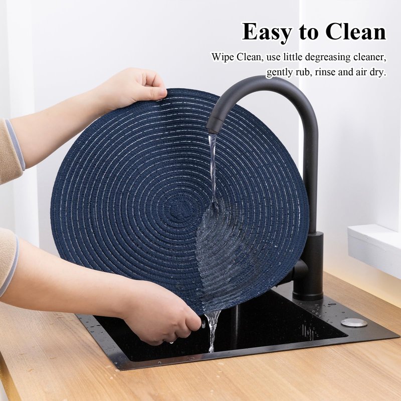 SHACOS Round Placemats Set of 8 Washable 15 inch Round Table Mats Cotton Polyester Woven Braided Place Mats for Dining Table, Navy