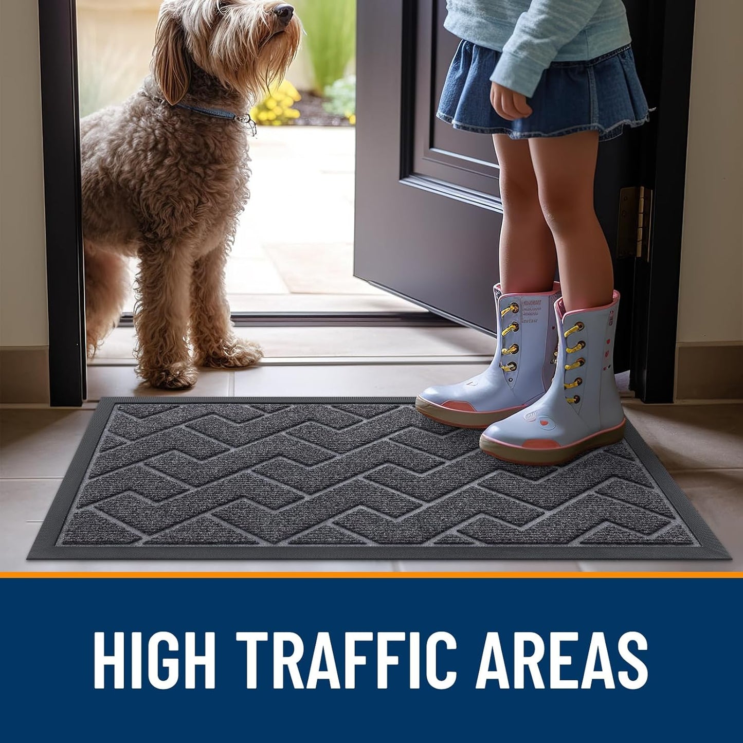 OLANLY Indoor Outdoor Front Door Mat - Waterproof All-Season Herringbone Design | Easy Clean, Low Profile (Grey, 71x47)