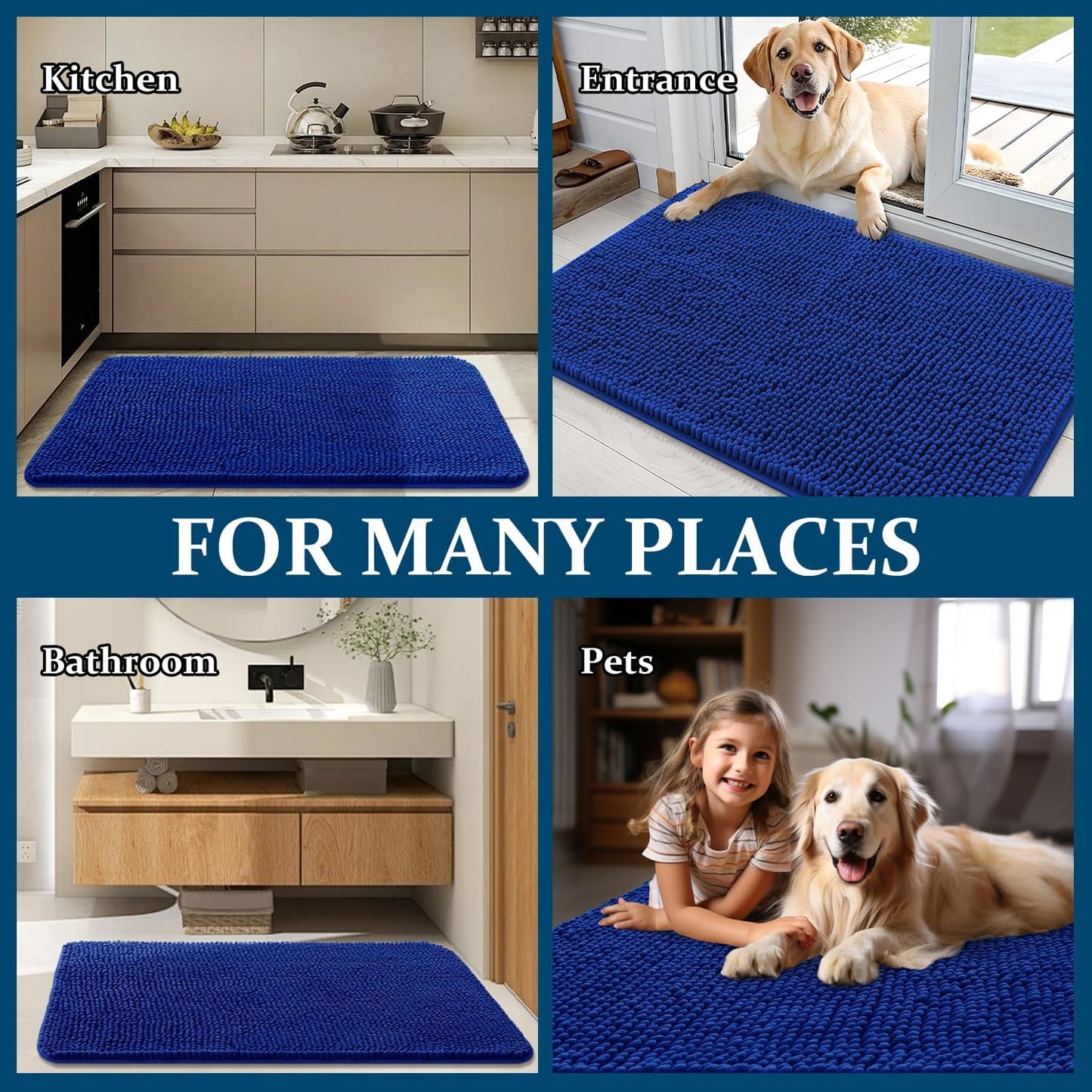 OLANLY Dog Door Mat - Absorbent Non-Slip Washable Doormat for Muddy Paws | 47x20 Royal Blue