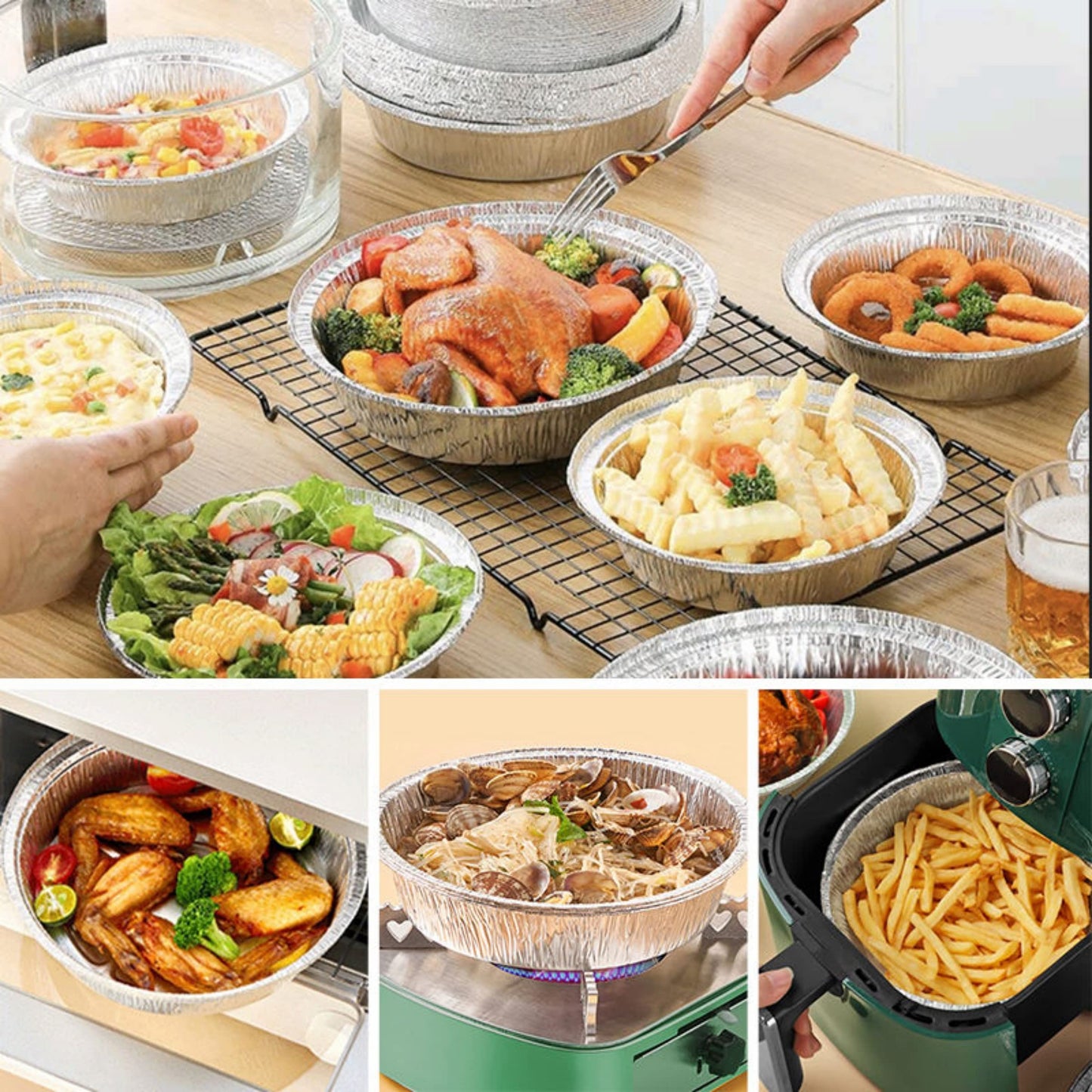 WHDepot 8'' Inch Round Tin Foil Pans Disposable Aluminum Pans with Clear Lids (30 Pack), Freezer & Oven Safe - For Baking, Cooking, Storage, Roasting, & Reheating, Recyclable, Pack of 30