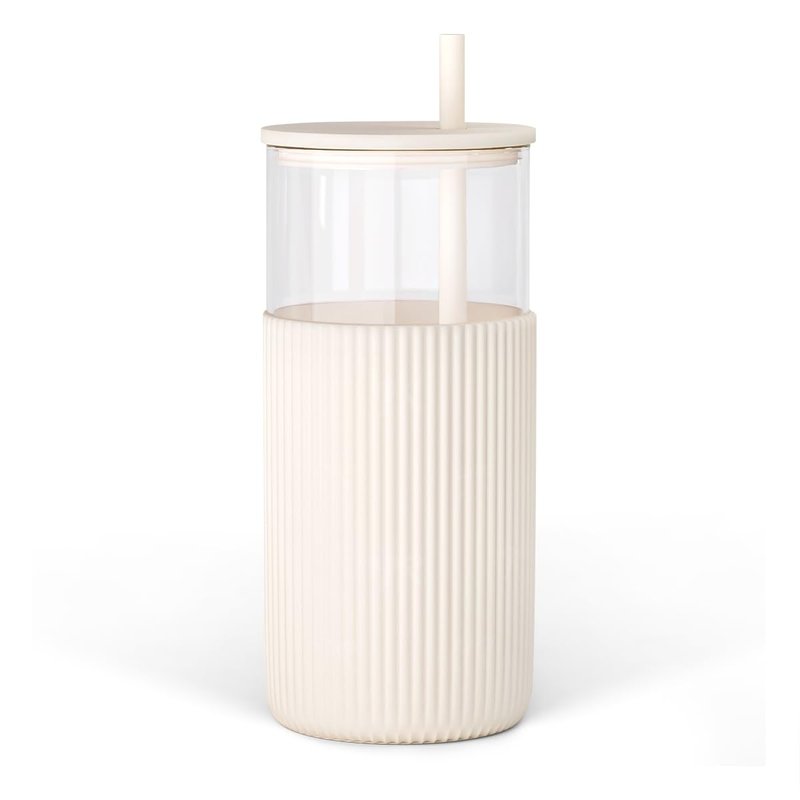 SANDJEST Glass Tumbler with Straw and Lid, Glass Water Bottle with Silicone Sleeve 20oz, Smoothie, Iced Coffee Cup, Gifts for Women Teen Girls Birthday Christmas (Cream)