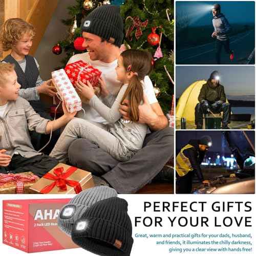 Beanie with Light for Men 2 Pack, Hat with Light Built in Rechargeable Winter Warm Knitted Headlamp Caps, Gift for Men Dads Husband Led Beanie Hats with Light(Black&Light Gray)