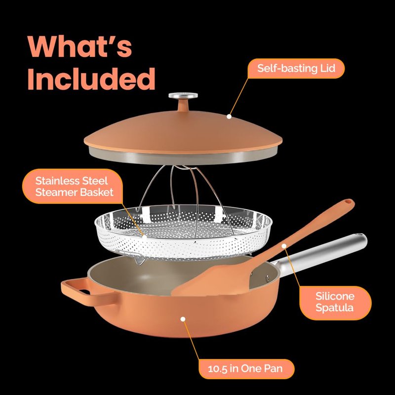 Nutricook 10.5” Ceramic Nonstick Pan with Lid, Steamer & Spatula | Oven Safe, Induction Compatible | 10-in-1 Multi-Function Cookware for Saute, Frying, Searing, Steaming & Baking, Canyon Sunset