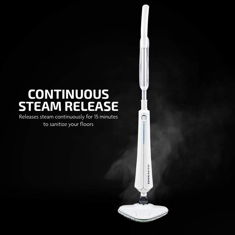 OVENTE Electric Steam Mop Cleaner, 1300W Floor Steamer with Swivel Head, Refillable Water Tank and Washable Microfiber Pad for Cleaning Carpet, Hardwood, Laminate Floor, Tiles and Grout, White ST405W