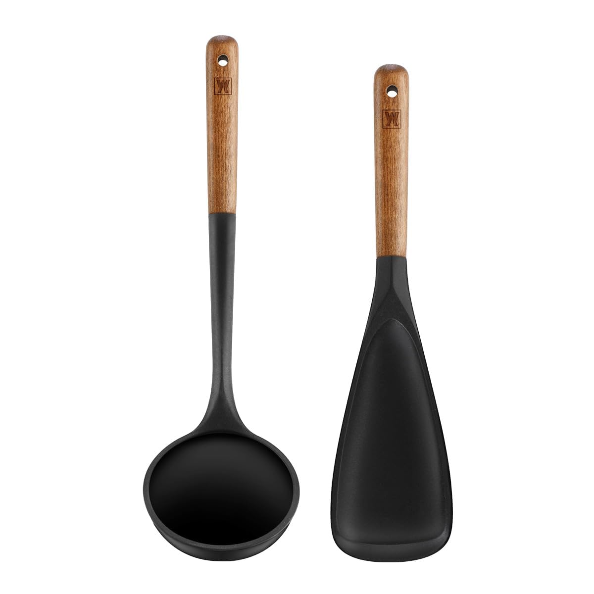 WAGENSTEIGER Set of 2pc Silicone Cooking Utensils: Wooden Handle Ladle + Long Head Serving & Cooking Spoon, Heat Resistant, BPA Free, Scratch-Resistant Surface Design