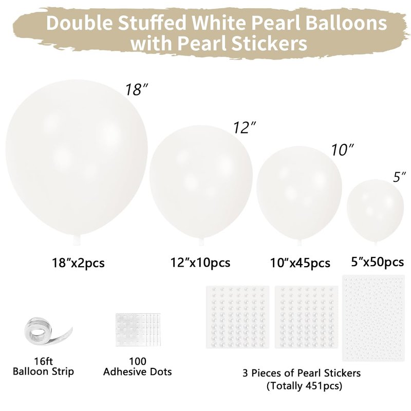 JZCZOEB Double Stuffed Pearl White Balloons Different Sizes 116Pcs 5/10/12/18 Inch White Balloons Arch Garland Kit with Pearl Stickers for Wedding Bridal Shower Birthday Baby Shower Birde to Be