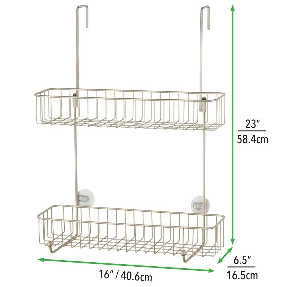 mDesign Extra Wide Metal Wire Over The Bathroom Shower Door Caddy, Hanging Storage Organizer Center with Built-in Hooks and Baskets on 2 Levels for Shampoo, Body Wash, Loofahs - Satin