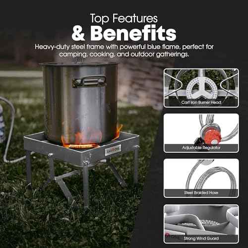 GasOne Stainless Steel Outdoor Propane Burner ? High Pressure Camp Stove with Adjustable Regulator & Steel-Braided Hose