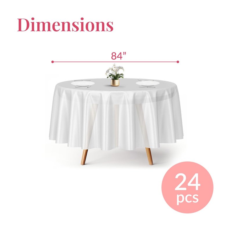 Prestee Plastic Round Tablecloths 84 Inches, 24 Pack White Disposable Table Cloths for Parties, Waterproof and Stain-Resistant Round Table Covers for Weddings, Holidays, Events, and Fine Dining