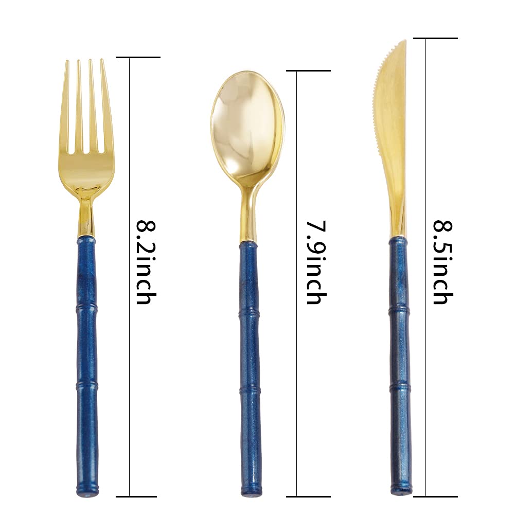 Supernal 180pcs Gold Plastic Silverware,Gold Plastic Cutlery with Blue Glitter Bamboo Handle,Elegant Durable Disposable Cutlery Heavy Duty include 60 Knives,60 Forks,60 Spoons