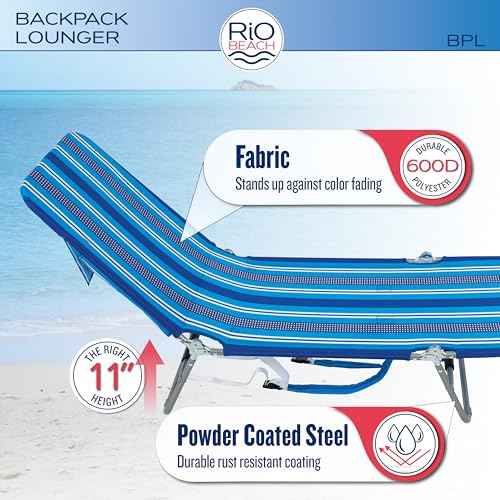 Rio Beach Portable Lay Flat Folding Backpack Beach Lounge Chair with Backpack Straps and Storage Pouch, Blue and Red