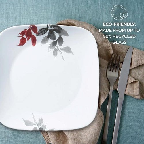 Corelle Kyoto Leaves Dinnerware Set - 16pc Service for 4 | Chip & Break Resistant White Plates & Bowls