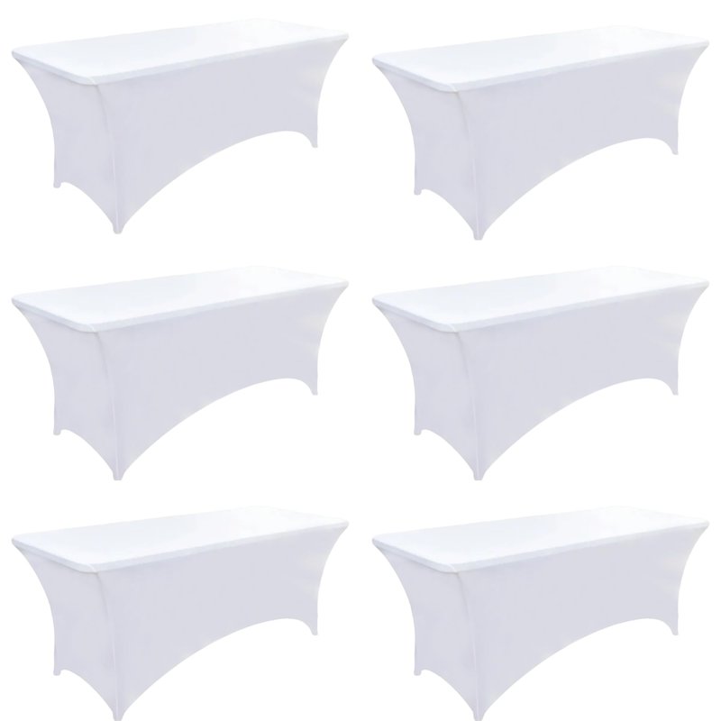 ZarzaaSik 6-Pack 8ft White Spandex Table Covers for Rectangle Folding Tables - Washable Elastic Tablecloth - Ultimate Fitted Table Protector for Birthday Parties, Trade Shows, Banquet