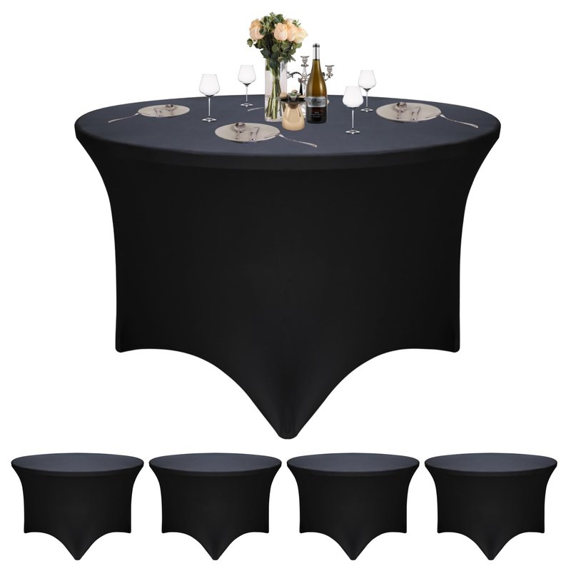4 Pack Black 72-Inch Diameter x 30-Inch High Round Spandex Tablecloth for 6FT Round Tables|Fitted Stretch Tablecloth with Foot Bag for Party, Wedding, Birthday, Banquet, Vendor Stand