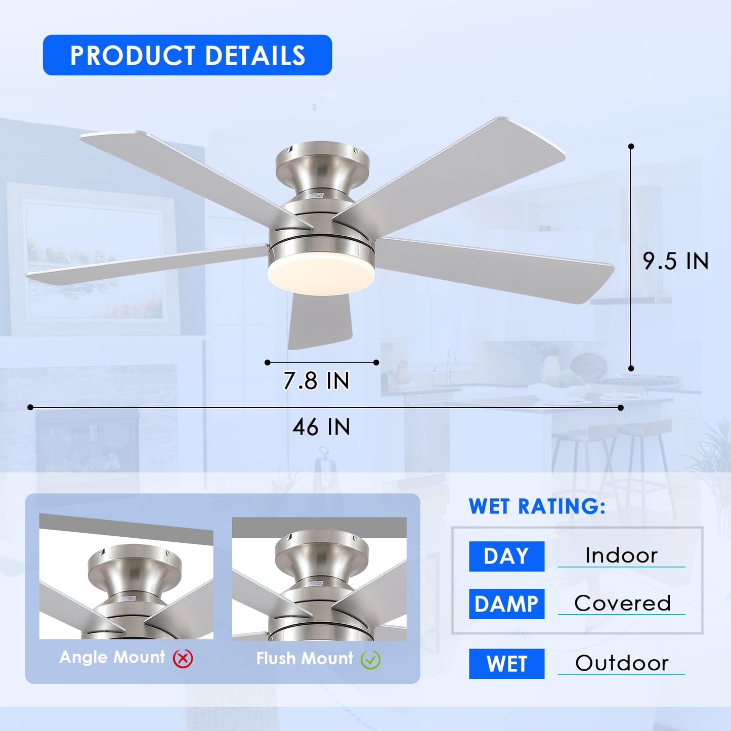 BYKISTOK 46IN Ceiling Fan with Lights and Remote/APP - Flush Mount Low Profile Ceiling Fan Light with 3CCT Dimmable, 6 Speeds Reversible, Modern Fan Light Fixture for Indoor, Covered Patios, Nickel