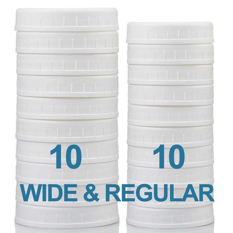 AOZITA 10 WIDE Mouth & 10 REGULAR Mouth Mason Jar Lids - 20 Pack Food Grade Plastic Mason Jar Caps for Ball, Kerr and More Canning Jars - Leakproof & Dishwasher Safe - White
