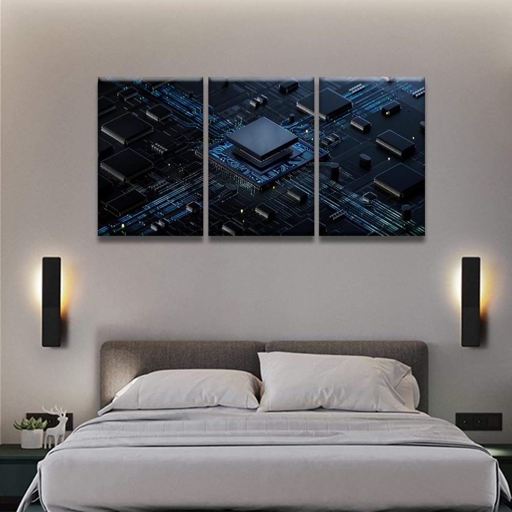 Digital Chip Pictures for Bedroom Wall Decor CPU Concept Prints Wall Art Canvas Artwork Wall Decor Multi Panel Wall Art Home Decor Wall Art Canvas Framed Wall Hanging Decor Ready to Hang 16X24X3 INCH