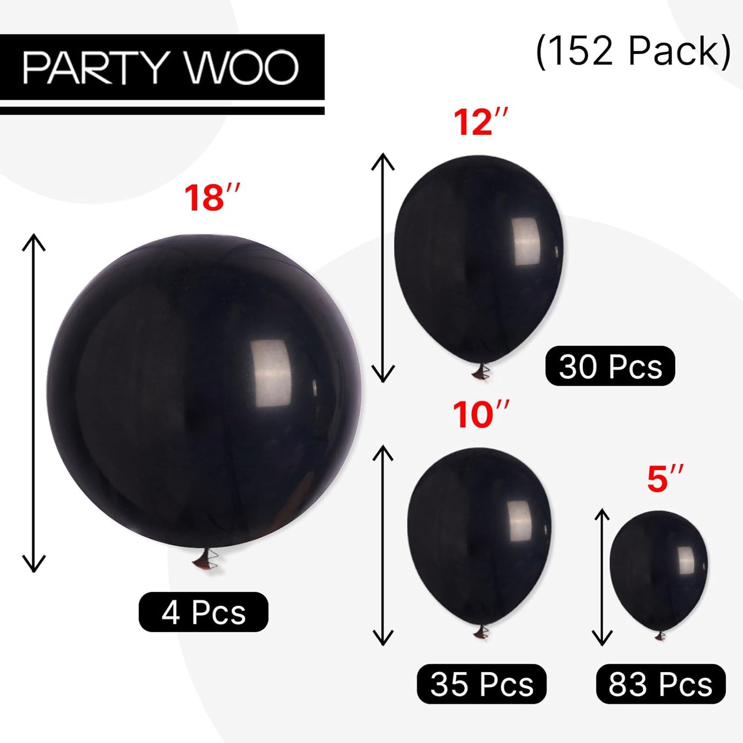 PartyWoo Black Balloons - 152-Piece Arch Kit with Various Sizes for Baby Showers, Birthdays & Anniversaries