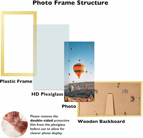 JCJMY Gold Picture Frame 6x11 - Versatile Wall Hanging or Tabletop Display with Shatter-Resistant Plexiglass