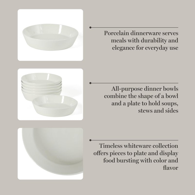 Martha Stewart Selma Pasta Bowls Set of 6, 43oz White Porcelain Soup Bowls & Salad Bowl, Wide and Shallow, Chip Resistant, Dishwasher & Microwave Safe