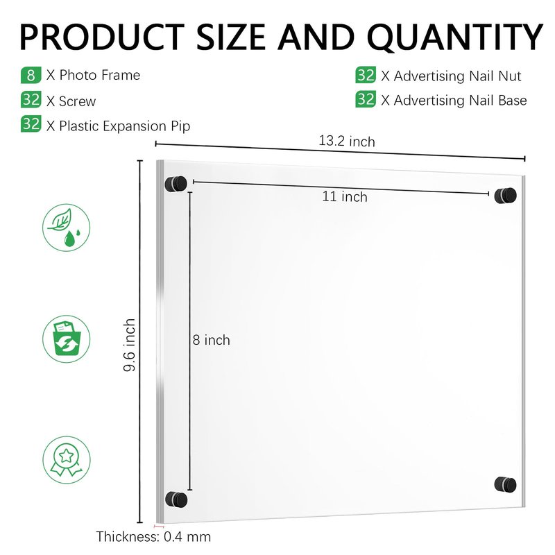 Yalikop 8 Pcs Acrylic Floating Picture Frame 8.5 x 11 Inches Wall Mount Frameless Photo Frames Double Panel Clear for Home Office Photo Display, Full Size 9.6 x 13.2 Inch (Black)